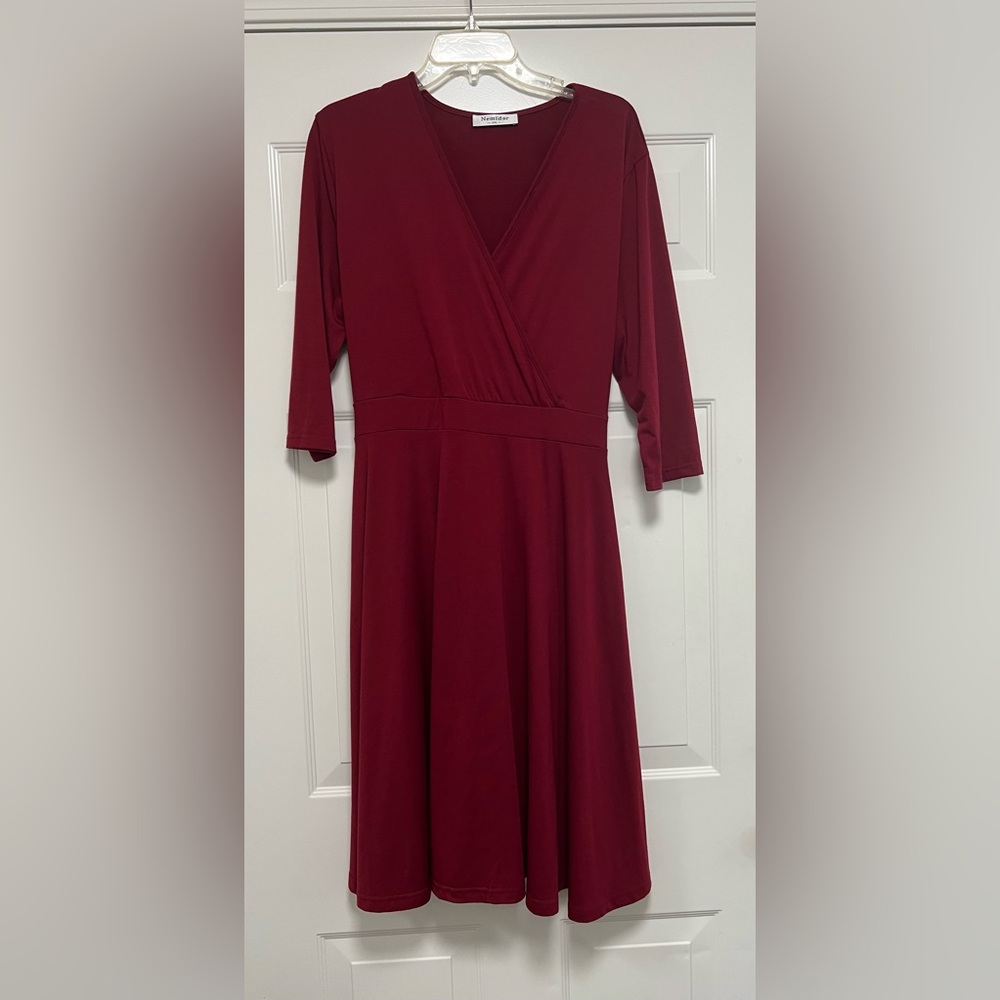 Nemidor Womens V-Neck Stretchy Red Midi A-line Dress Tie & Pockets Plus Size 2XL